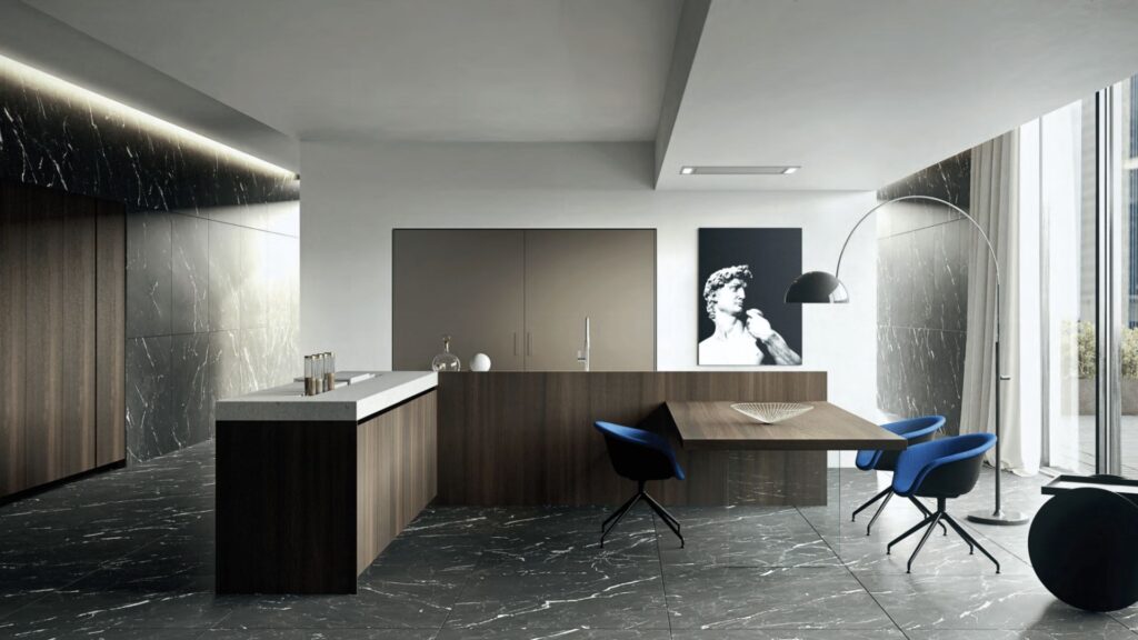 Cocina de diseño elegante con mobiliario oscuro, encimera clara, comedor integrado y suelo de mármol negro con vetas.